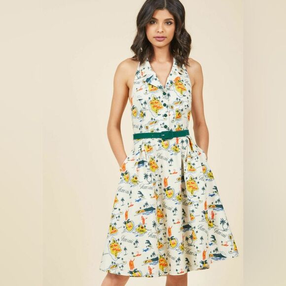 Modcloth Genuine Genius Halter Shirtdress in Island Beige Hawaii Print Size 2X - Picture 1 of 11